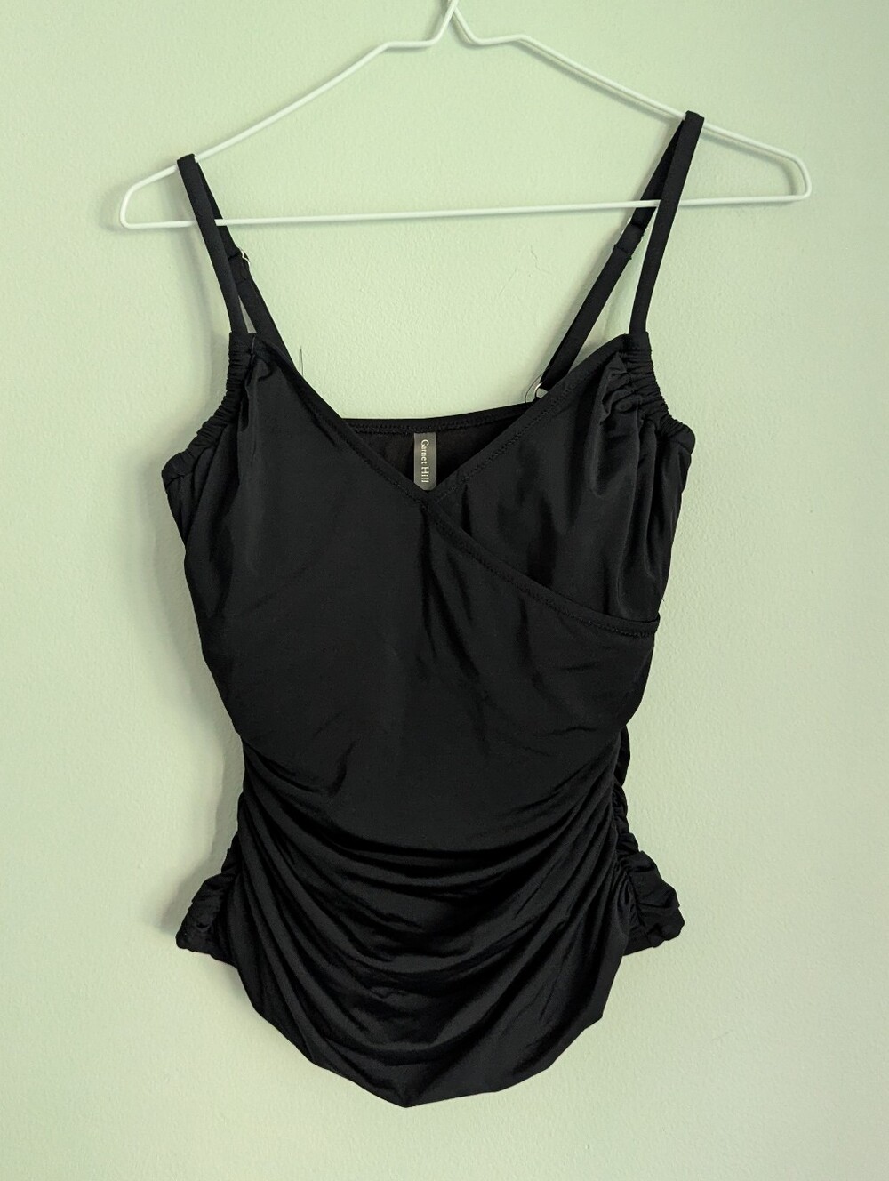 Garnet Hill Womens 2 Ruched Tankini Surplice Swim Suit Top Black Lined Cups